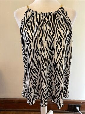 Nicole Miller Black & White Zebra Halter Tank with Gold Chain Straps Size M New